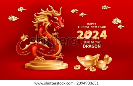 Dragon is a symbol of the 2024 Chinese New Year. Realistic 3d figure of red Dragon on a podium with gold ingots Yuan Bao and coins on red background. Holiday vector illustration of Zodiac Sign Dragon