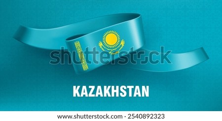 Flag of Kazakhstan. Waved silk ribbon on a blue background with a traditional kazakh ornament, sun and the eagle. Background for greeting card of national holidays in Kazakhstan