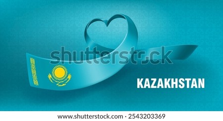 Flag of Kazakhstan. Waved silk ribbon in the shape of heart on a blue background. Traditional kazakh ornament, sun and the eagle. Background for greeting card of national holidays in Kazakhstan