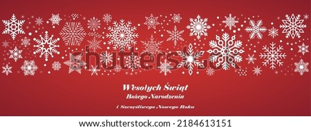 Merry Christmas and Happy New year vector greeting in Polish language. Red Back.
Translation: Wesolych Swiat Bozego Narodzenia is Merry Christmas. Szczesliwego Nowego Roku is Happy New Year.