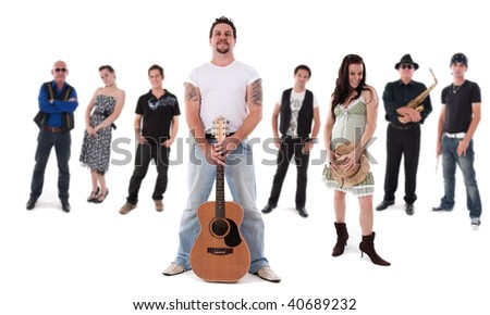 large group of musicians isolated on white