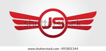 Logo winged JS red letters. Aviation vector template design