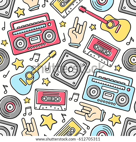 Cartoon Filled Outline Hand Drawn Retro Boombox, Guitar, Loudspeaker, Rock Hand, Audio Cassette, Stars, Vinyl Records, Notes on White Background Vector Seamless Pattern