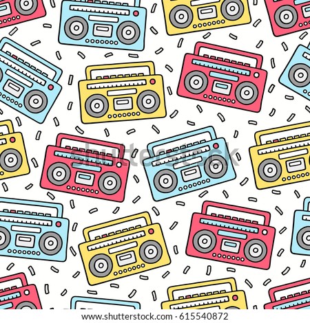 Cartoon Filled Outline Hand Drawn Retro Boombox on White Background Vector Seamless Pattern