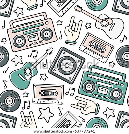 Cartoon Filled Outline Hand Drawn Retro Boombox, Guitar, Loudspeaker, Rock Hand, Audio Cassette, Stars, Vinyl Records, Notes on White Background Vector Seamless Pattern