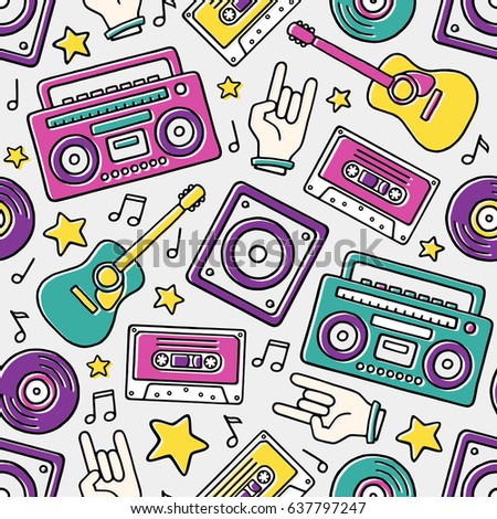 Cartoon Filled Outline Hand Drawn Retro Boombox, Guitar, Loudspeaker, Rock Hand, Audio Cassette, Stars, Vinyl Records, Notes on White Background Vector Seamless Pattern