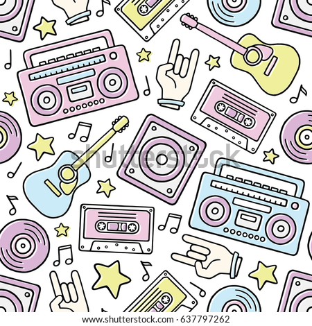 Cartoon Filled Outline Hand Drawn Retro Boombox, Guitar, Loudspeaker, Rock Hand, Audio Cassette, Stars, Vinyl Records, Notes on White Background Vector Seamless Pattern