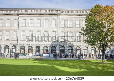 Dublin, Ireland - Oct 25, 2014: View of the people queue at the front of the Book of Kells at Trinity College in Dublin, Ireland on October 25, 2014