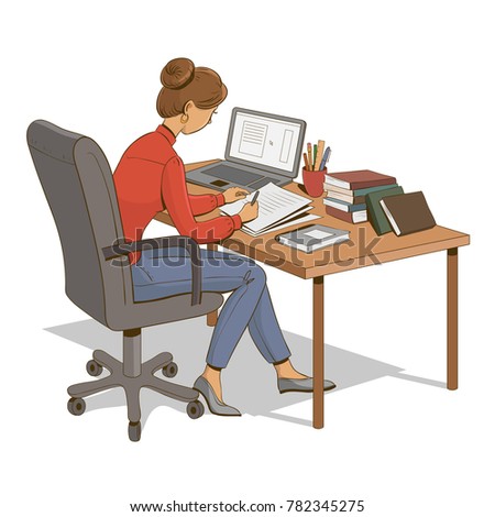 Girl is sitting at a table with a laptop, books and documents. Vector illustration.