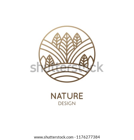 Abstract forest logo template - mountains, trees and feelds. Vector round icon of landscape. Linear simple emblem for farming, alternative medicine, ecology concept, holistic, spa, health, yoga Center