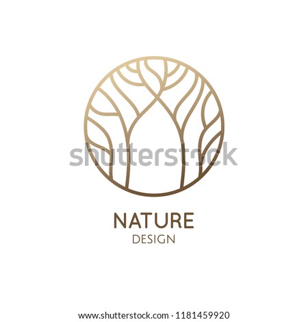 Forest logo template in linear style. Abstract outline round icon of trees, garden. Vector emblem for business design, badge for a cosmetology, farming, ecology concept, spa, health and yoga Center.
