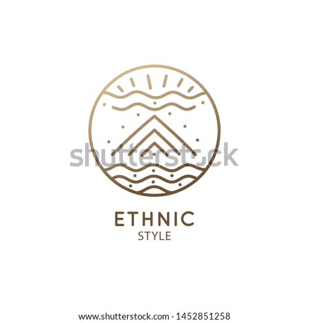 Vector logo of nature geometric elements, mountain, clouds, river. Sacred round symbol, pictogram. Minimal icon of abstract landscape, business emblem for design, esoteric, tattoo, astrology, yoga