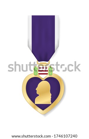 Purple Heart Day poster design, banner, USA greeting card. Badge of Military Merit isolated on white background. Golden medal with Purple Heart and ribbon. Holiday United States veteran. Vector