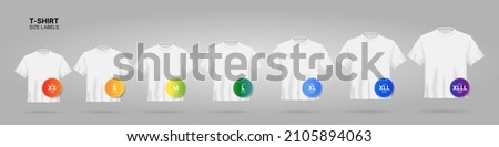 White T-shirt size  S, M, L, XL, XXL XXXL labels and round stickers. Vector illustration