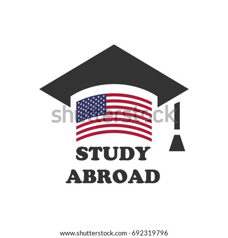 Graduate cap with stylized USA flag. vector illustration. Education icon. Font STUDY ABROAD icon,logo