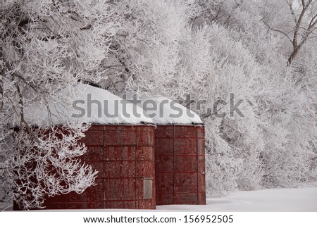 Two round red grain bins against hoar frost covered trees