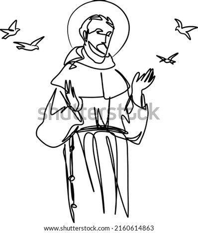 St Francis of Assisi hand drawn one line drawing black and white vector design. Continuous single line drawing of a Catholic saint. Ideal for poster, card, banner, flyer, logo, and emblem.