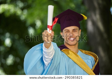 Young Graduation Man Holding Certificate, Outdoor