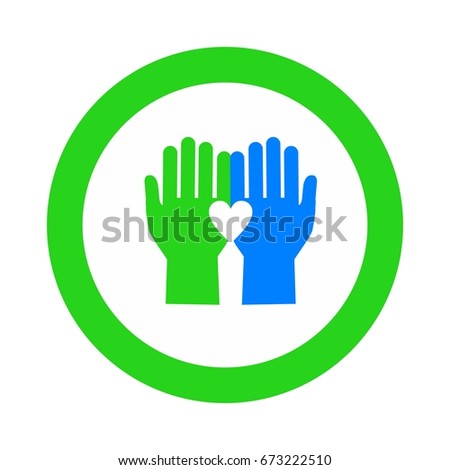 Green and blue hands hold a little white heart. The logo is associated with care about the environment and volunteering. Green round frame. White backgrond. Vector illustration.