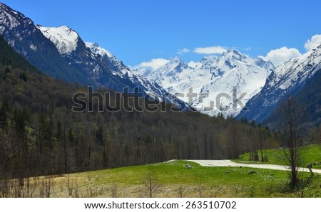 This is snow peaks in Caucasus mountains in spring