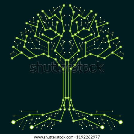 Technological tree in the form of a printed circuit board. Green wood in the form of connections of the technological board. Flat design, vector illustration, vector.
