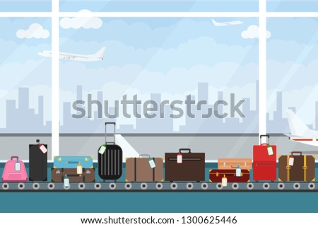 Conveyor belt in airport hall. Baggage claim. Airport conveyor belt with passenger luggage bags vector illustration. Airport baggage belt.