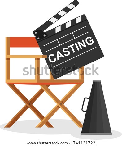 Casting, casting. A sign with the inscription casting lies on the director's chair. Vector illustration. Vector.