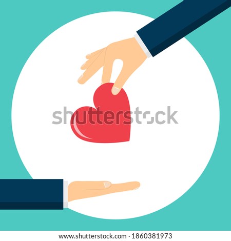 Charitable donation. The hand extends the heart to the palm of the person. Helping those in need. Vector illustration. Vector.