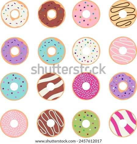 Donuts, large set of vintage donuts isolated on a white background. Vector, cartoon illustration. Vector.
