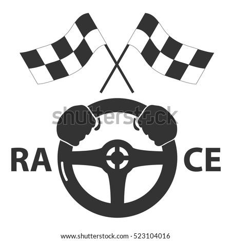 Logo racing steering, wheel, hands on the wheel, flags, race, sports car, race illustration, overtake, catch up. Flat design, vector.
