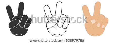 Hand gesture, victory sign, gesture hand victory, illustration of hands, vector hands, showing victory, fingers, toes in the form of victory. Flat design, vector.