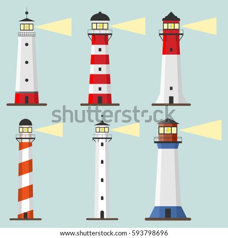 Lighthouse, Set of lighthouses, path lighting. Flat design, vector illustration.