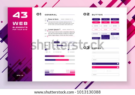 Constructor for your site, ui kit. Flat design web elements: icons, forms, button, infographic, check box, radio button, switch button, loading, status bar, text and color setting. Abstract background