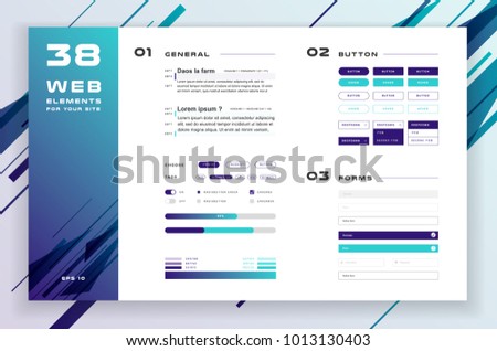 Constructor for your site, ui kit. Flat design web elements: icons, forms, button, infographic, check box, radio button, switch button, loading, status bar, text and color setting. Abstract background