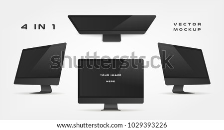 4 in 1, computer monitor, isolated on abstract background. Can use for template presentation, web design and ui kits. Dark electronic gadget, device mockup. Vector illustration, eps10