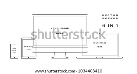 Outline computer monitor, laptop, tablet, smartphone isolated on white background. Can use for template presentation, web design and ui kits. Black electronic gadget, device mockup. Vector
