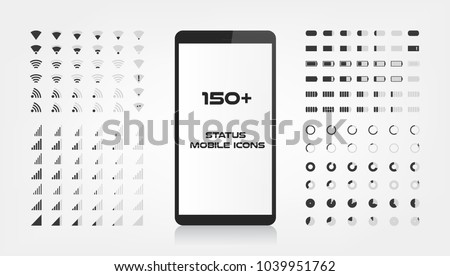 About 150 interface icons. Mobile battery power charger, wifi signal and connection level sing set. The round shape with the filled and empty risks For mobile applications web and desktop. EPS 10