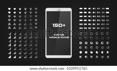 About 150 interface icons. Mobile battery power charger, wifi signal and connection level sing set. The round shape with the filled and empty risks For mobile applications web and desktop. EPS 10