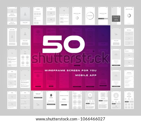 50 in 1 UI kits. Wireframes screens for your mobile app. GUI template on the all topics. Development interface with UX design. Vector illustration. Eps 10