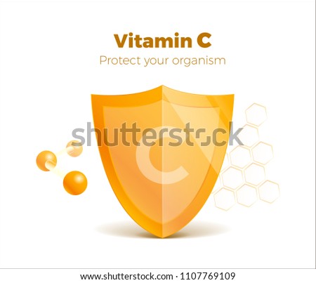 Vitamin C concept 3d shield with molecule, protected guard. Presentation shining sticker shield. Isolated on white. Meds for heath ads. Treatment cold flu. Vector illustration. Eps 10