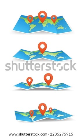 Collection of geography maps. Foldable world map with place mark pined. Fold paper leaflet of topography map. Touristic equipment realistic cartoon vector illustration dots pointer. Sheet of paper set