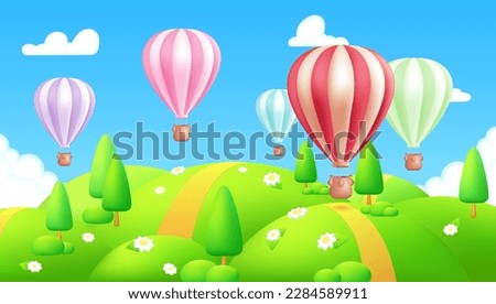 Hot air balloons, cute airship soars over green meadows, colorful fields, and a stunning valley with a panoramic view of the horizon. The 3D cartoon design features a blue sky with fluffy clouds.