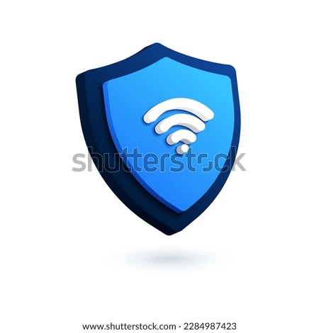 Technology security shield logo. 3D vector icon of lock, VPN and WIFI symbols. Digital authentication and proxy server connection illustration. Virtual private network, password protection