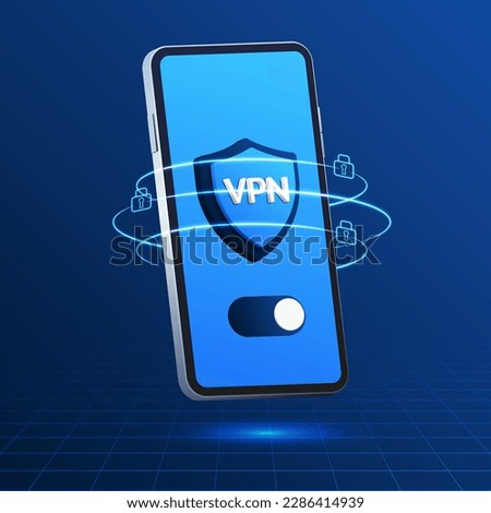 Vector illustration of a blue smartphone with a security shield. VPN technology privacy and security on the internet. Banner on blue background. Secure access to online data