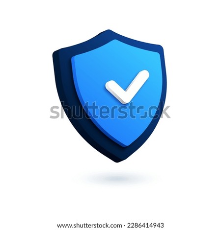 Technology security shield logo. 3D vector icon of checkmark, VPN symbol. Digital authentication and proxy server connection illustration. Virtual private network, password protection