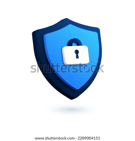 Technology security shield logo. 3D vector icon of lock, VPN symbol. Digital authentication and proxy server connection illustration. Virtual private network, password protection