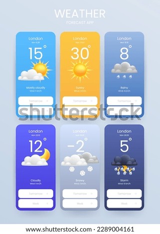 Set of meteorological 3d icons of rain, thunderstorm, cloudy, clear Suitable for weather apps, templates, widgets, icons or illustrations. Works for mobile apps, websites, smartphones, desktop