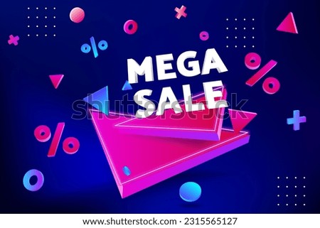 Mega Sale, Modern 3D Vector Illustration of a Neon Triangle Pedestal Platform Showcase Scene for Business Promotion, Flyer Template, Offers and Sales. Abstract geometry design background, percent sign