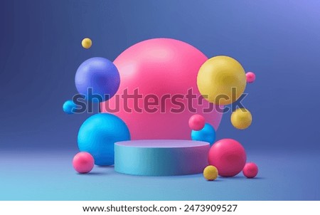 A modern 3D podium with colorful neon balls on a vibrant background. The abstract design showcases products in a realistic and eye catching manner. Perfect for presentations and promotions. Not AI.