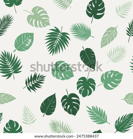 Seamless pattern of exotic leaves on a white background with tropical plants and palm tree illustrations. Ideal for summer decor, textiles, and fashion, it features lush, green foliage Not AI.